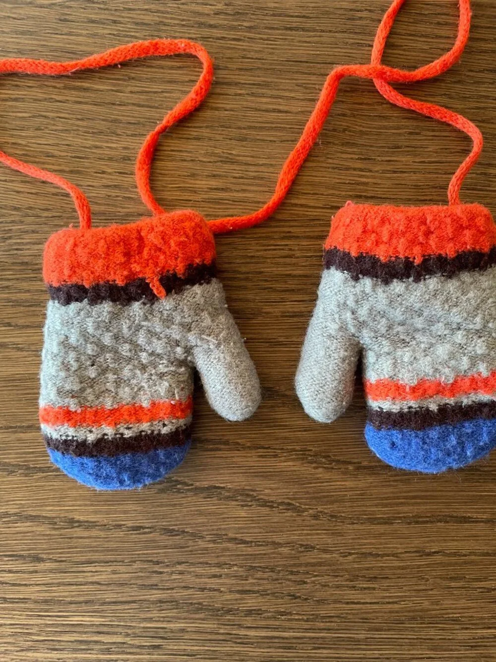 Kids Knit Winter Mittens on String Gray Orange Blue